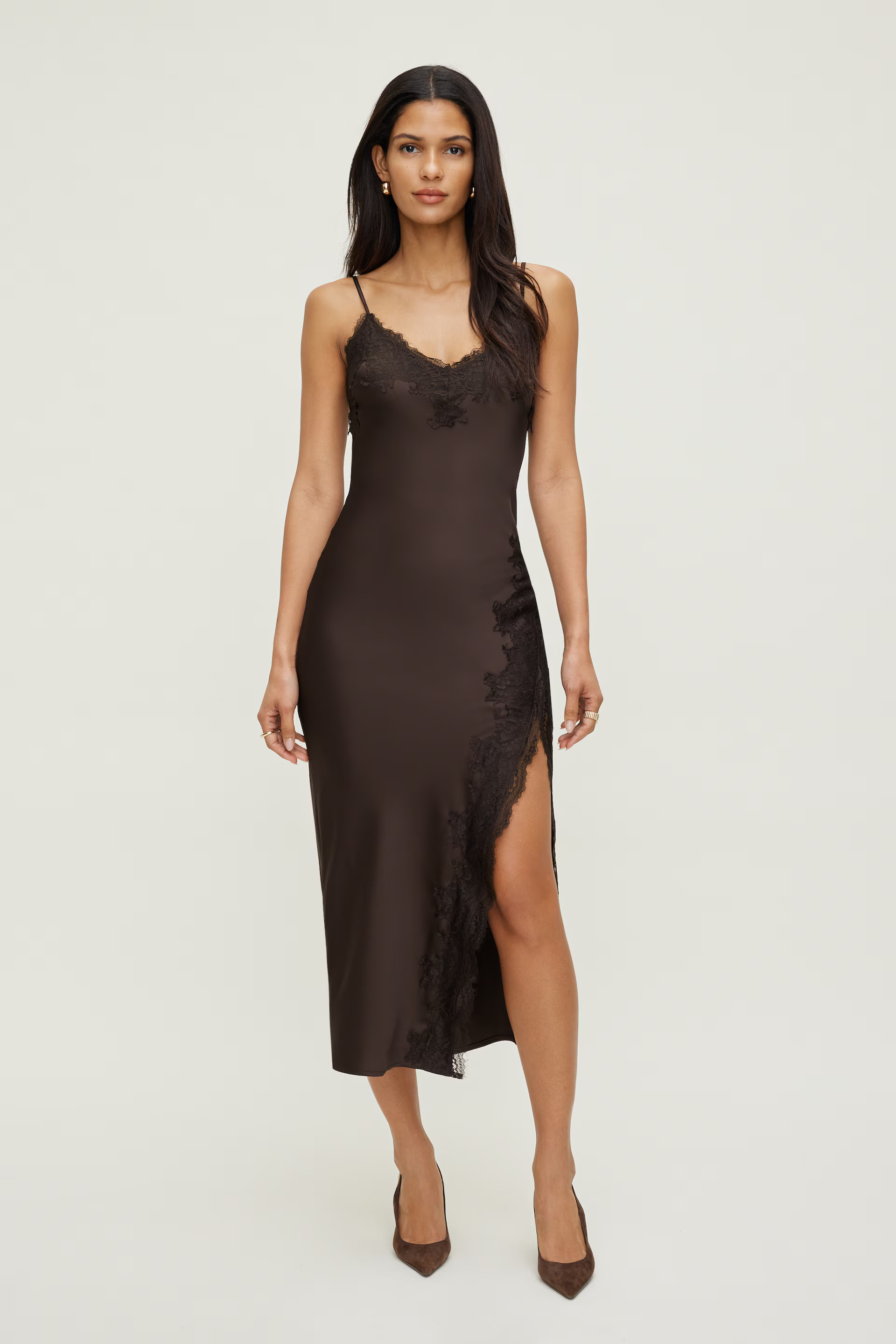 Lace Trim Satin Maxi Dress | Dynamite Clothing