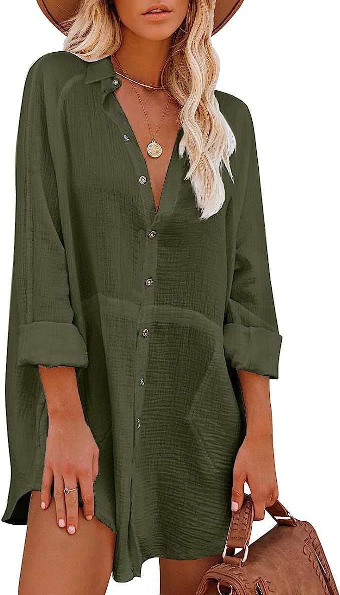 MIHOLL Womens Long Sleeve V Neck Casual Button Down Tunic Shirt Dress | Amazon (US)