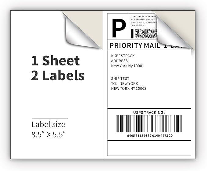 KKBESTPACK Half Sheet Shipping Labels for Laser and Inkjet Printers – 2 Per Page Self Adhesive ... | Amazon (US)