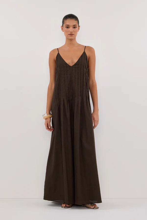 TAHLIA BITTER CHOC LINEN BLEND MIDI DRESS | DISSH