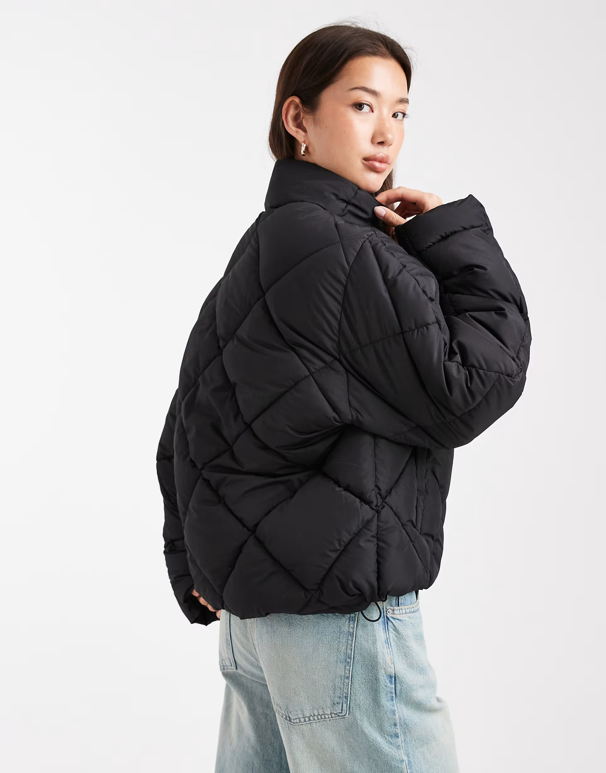 Miss Selfridge oversized quilted funnel neck crop puffer jacket in black | ASOS (Global)