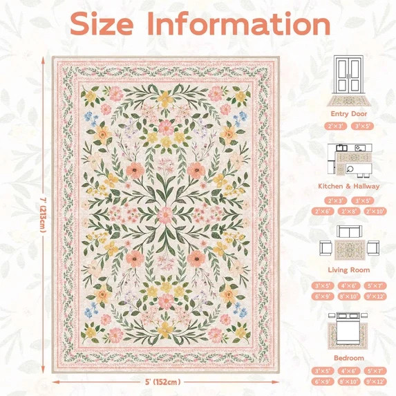 Bleum Cade 5'x7' Pink Rugs for Living Room,Boho Washable Floral Rugs for Bedroom Girls Room Decor... | Walmart (US)