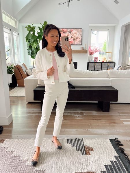 Spring workwear with knit top in size XS that I absolutely love and has been a workwear staple of mine for years paired with cream work pants in size 00 that are so comfy and chic! Wearing with a sweater jacket is size XS that has pockets and very flattering on. Top and bottom is 20% off with code HKCUNG20! 

#LTKstyletip #LTKworkwear #LTKsalealert