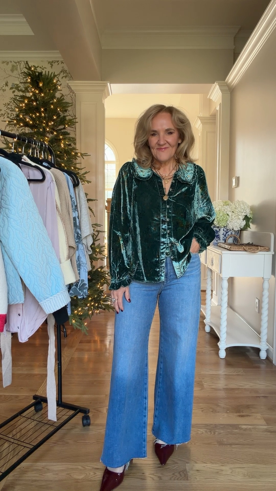 Anthropologie 30% off sale 
Love these Paige anessa jeans. Flattering on all
Velvet blouse size medium 
Shoes size up 1/2 

Holiday casual 

#LTKOver40 #LTKHoliday #LTKCyberWeek