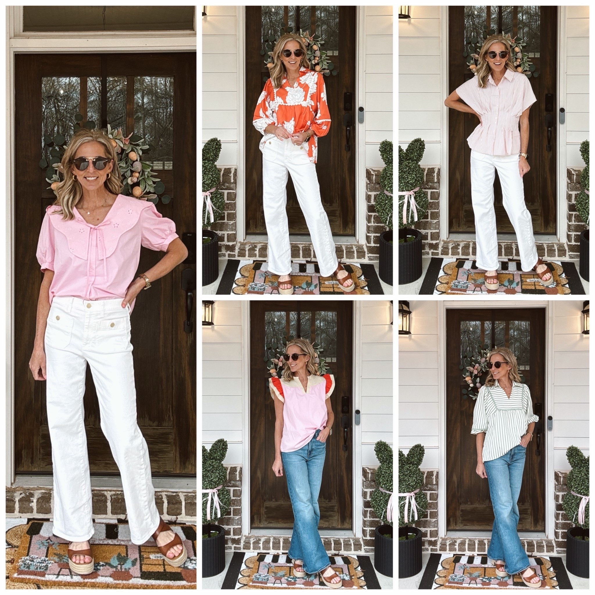  All of these tops are under $30 and come in so many fun color options, making them the easiest way to brighten up your wardrobe. Paired them with my favorite J.Crew Factory white pants (on sale!) and my go-to jeans for easy outfits you can switch, change, and rearrange all season long. From feminine details to bold pops of color, these are the perfect throw-on-and-go tops for spring. Wearing a size small in all. Grab your favorite color and add a little happy to your Saturday. 