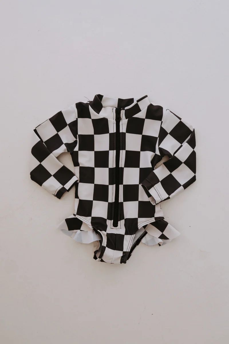 Black Checkerboard | Girl Long Sleeve Swimsuit | Forever French