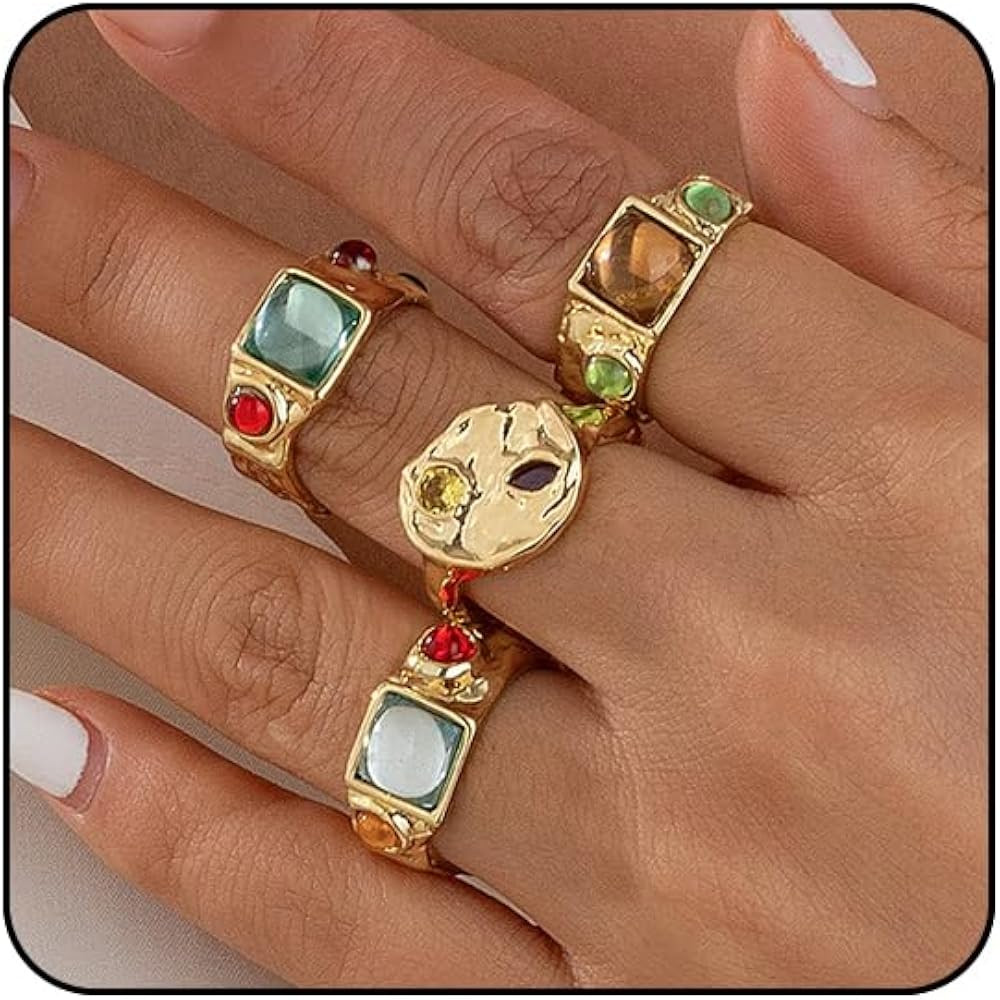 Gemstone Gold Rings for Women Non Tarnish Chunky Silver Stackable Rings for Women Adjustable Tren... | Amazon (US)