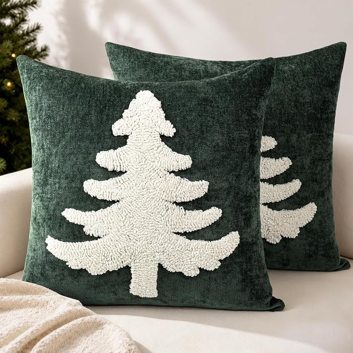 20x20 Chenille Tufted Embroidered White Christmas Tree Pillow Covers | Amazon (US)