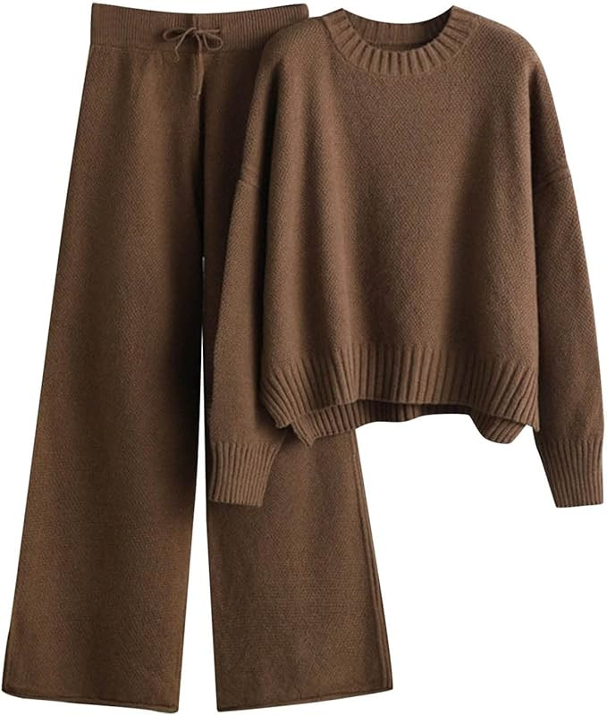 Top Set Women's Autumn and Winter Fashion Temperament Loose Casual Wide Leg Crew Neck Top and Tro... | Amazon (UK)