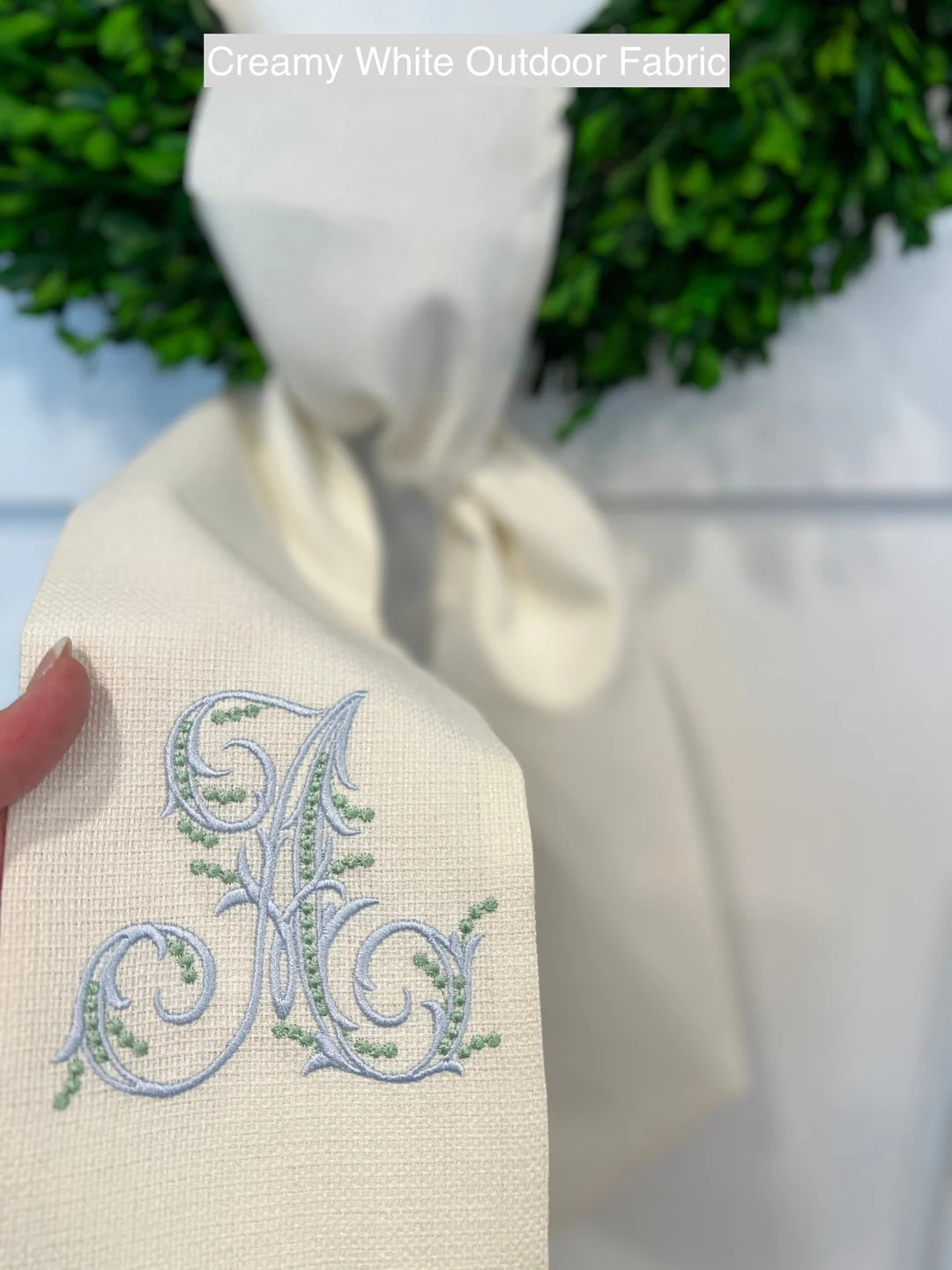 OUTDOOR FABRIC Wreath Sash with Beaded Script Monogram, Wreath Bow, Monogram Front Door, Housewar... | Etsy (US)