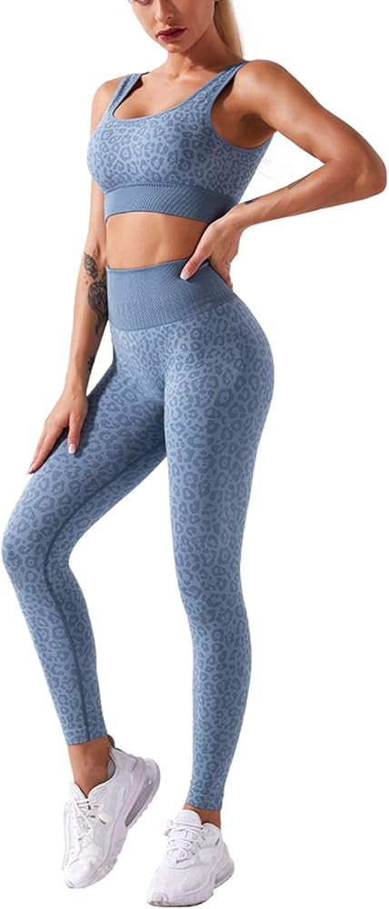 Women Workout Set Active 2 Pieces Snake Print Seamless Leggings with Paded Sports Bra Crop Top | Amazon (US)