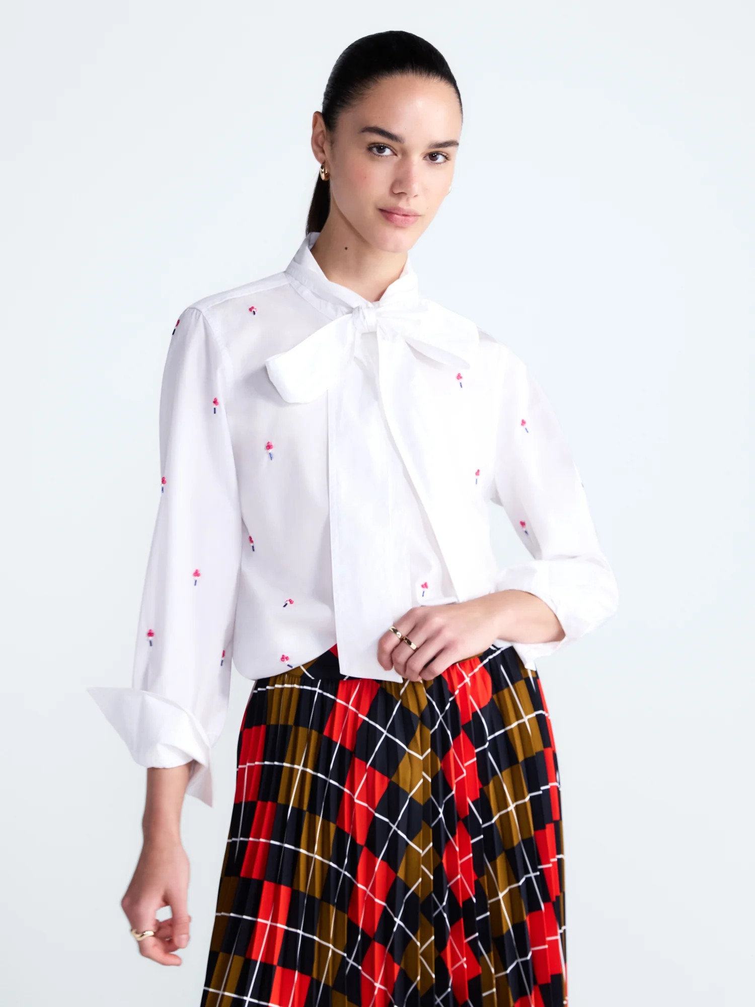 Free Assembly Women's and Women's Plus Beaded Tie Neck Cotton Shirt with Long Sleeves, Sizes XS-4... | Walmart (US)