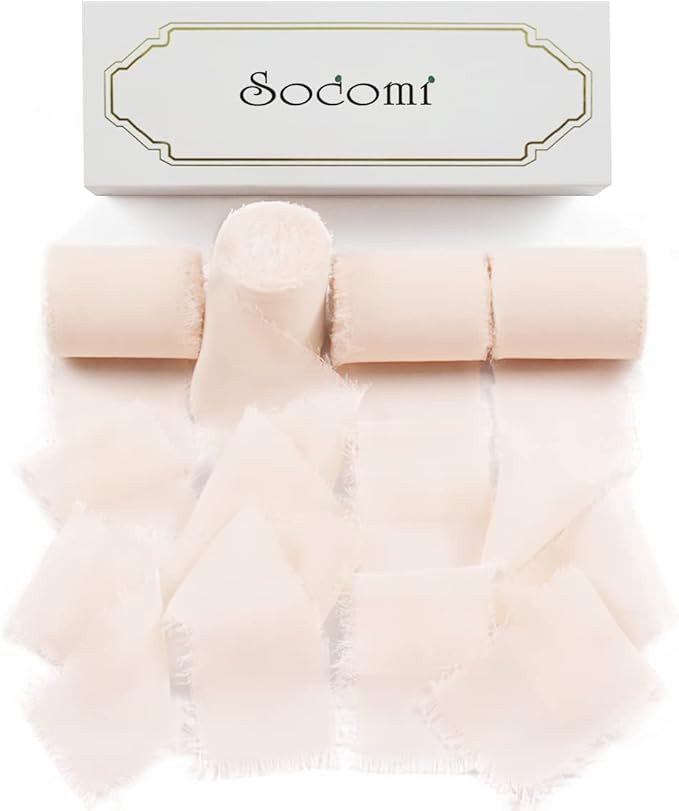 Socomi Rose Petal Handmade Fringe Chiffon Silk Ribbon 1-3/4" x 7Yd 4 Rolls Frayed Ribbons for Wed... | Amazon (US)