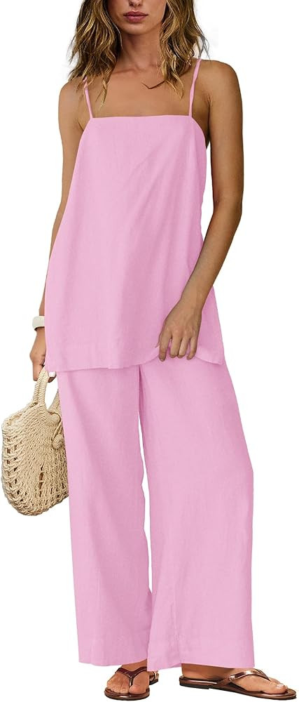 Yanekop Linen Pant Sets Women 2 Piece Outfits Summer Lounge Matching Set Spaghetti Strap Tank Top... | Amazon (US)