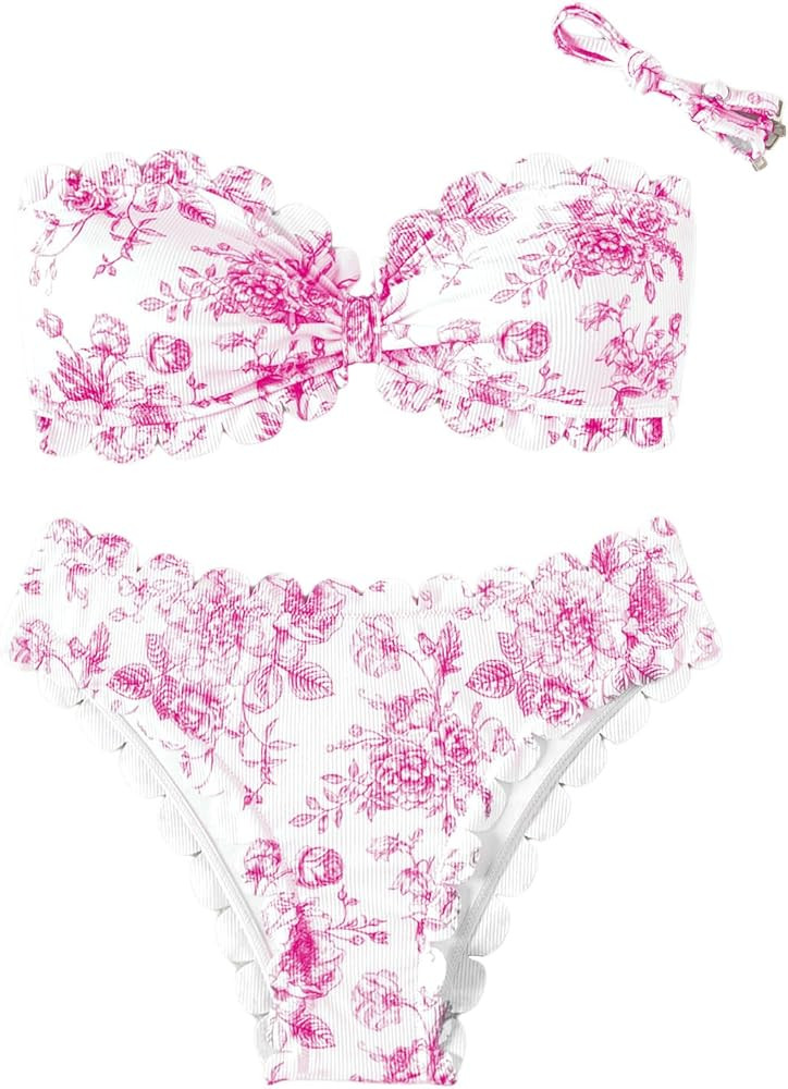 SHENHE Women's 2 Piece Bandeau Bikini Sets Floral Print Scalloped Boho Strapless Swimsuits | Amazon (US)