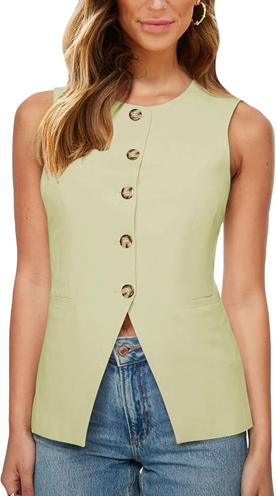Fallorchid Womens Round neck Suit Vest Sleeveless Button Business Jacket Waistcoat Top | Amazon (US)