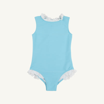 Sleeveless Sarasota Surf Suit - Belhaven Blue with Worth Avenue White Eyelet | The Beaufort Bonnet Company