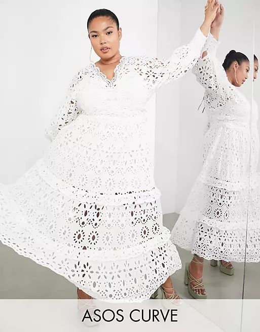 ASOS EDITION Curve v neck eyelet midi dress with puff sleeve in white | ASOS | ASOS (Global)