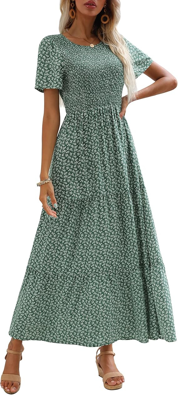 Zattcas Women 2023 Summer Floral Long Dress Short Sleeve Crewneck Casual Boho Flowy Smocked Tiere... | Amazon (US)