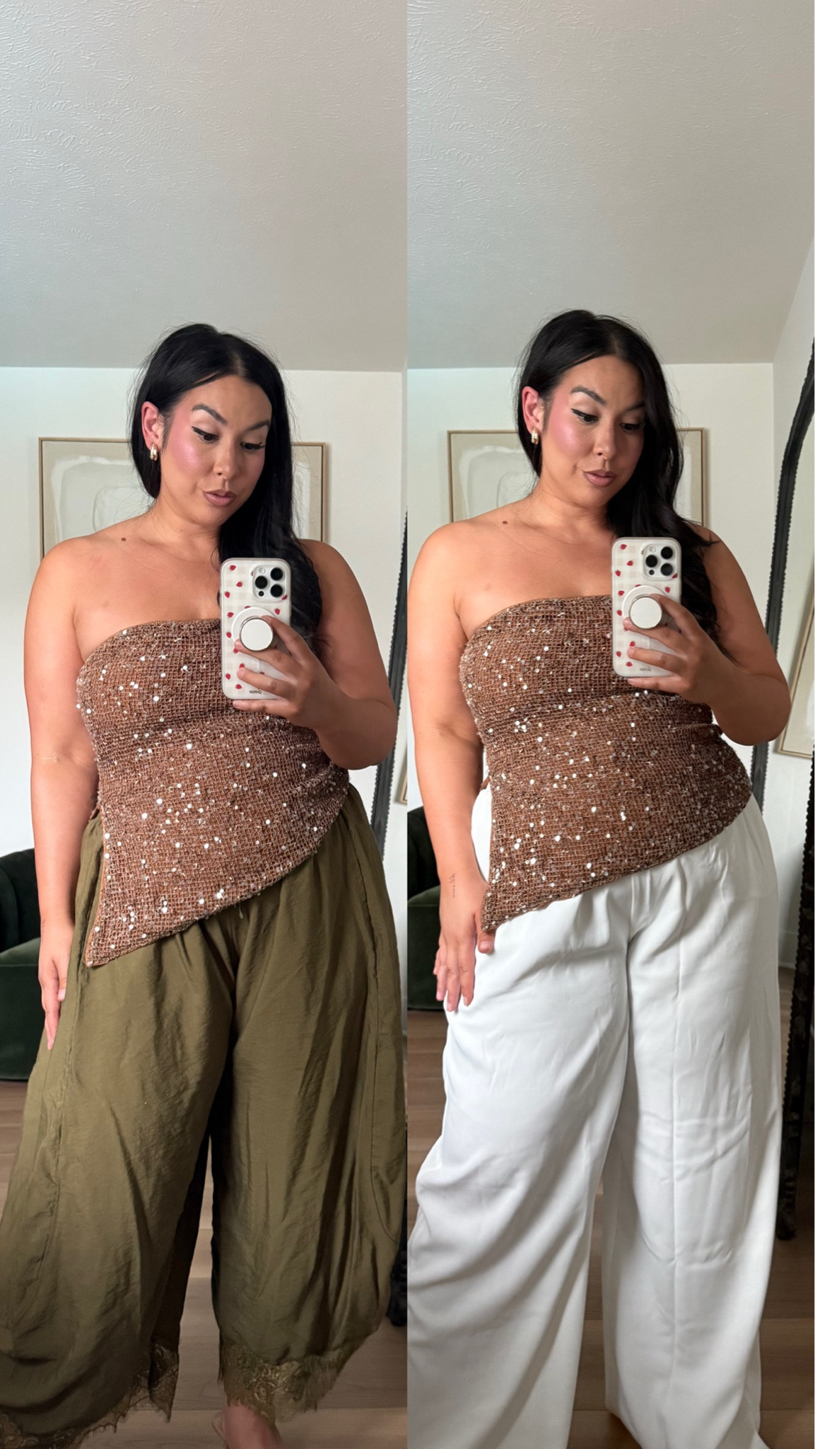 Amazon sequin tube top 
Size xl 
Green pants size xl
White pants size down in size 12

#LTKootd #LTKgrwm #LTKMidsize