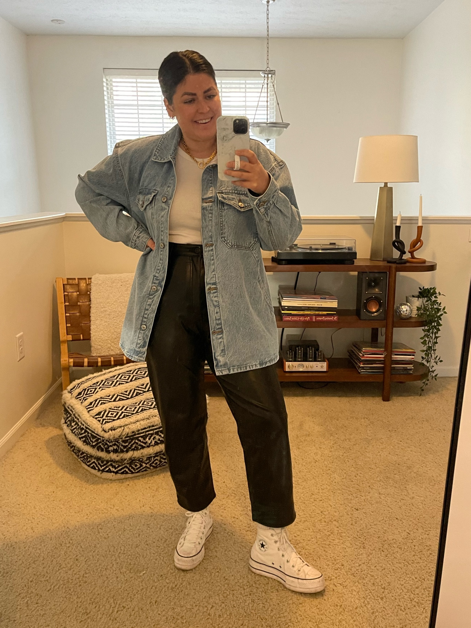 Denim shocker (large) | white tank top (large) | leather pants (31) | white sneakers | gold jewelry 

#LTKstyletip #LTKSeasonal #LTKFind