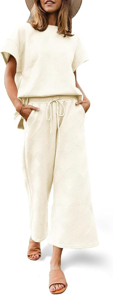 Fazortev Womens 2 Piece Outfits Sweatsuit Short Sleeve Tops and Drawstring Waist Cropped Wide Leg... | Amazon (US)