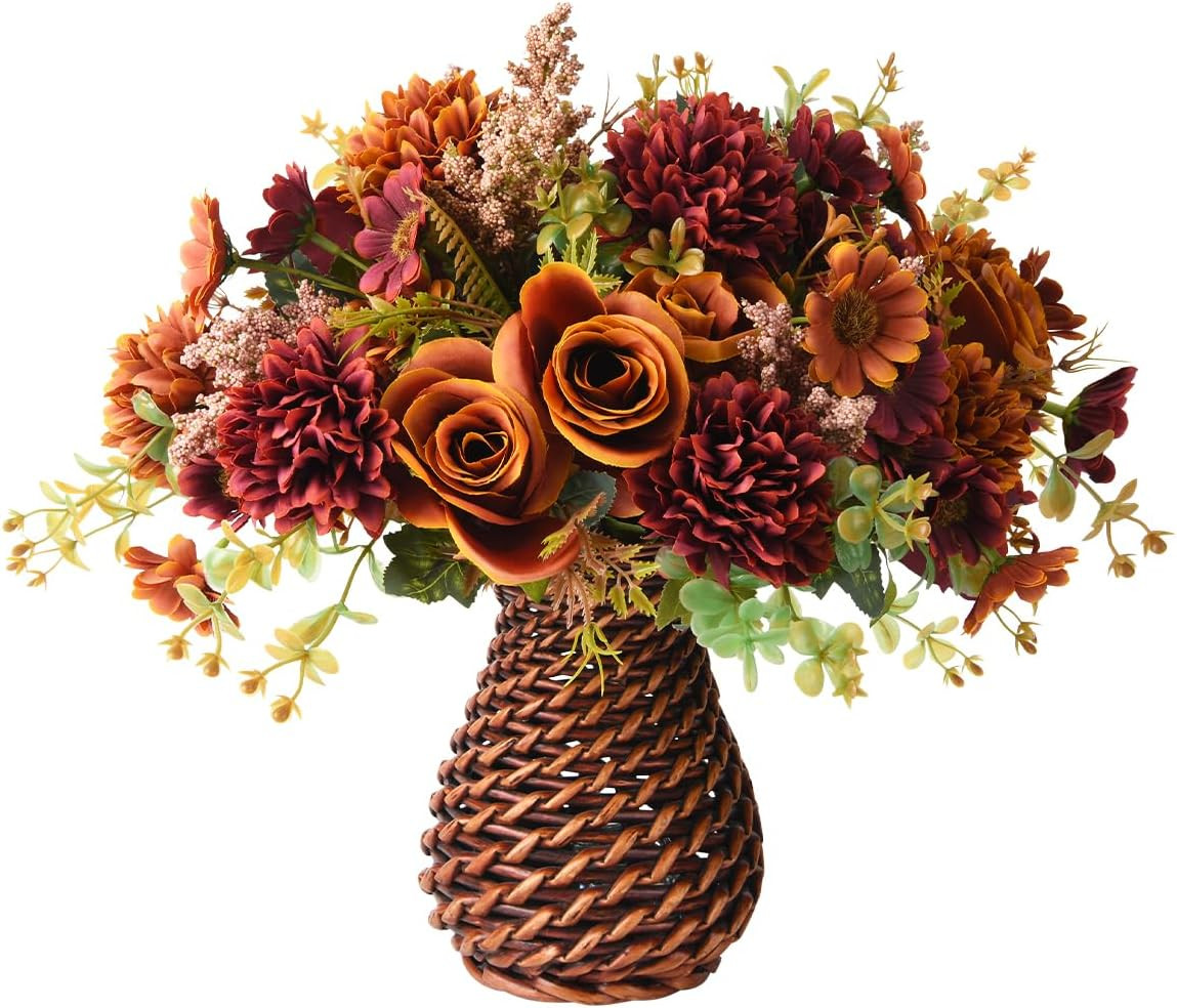 Fall Artificial Faux Flowers in Vase Fake Silk Rose Bouquets Indoor Decor | Amazon (US)