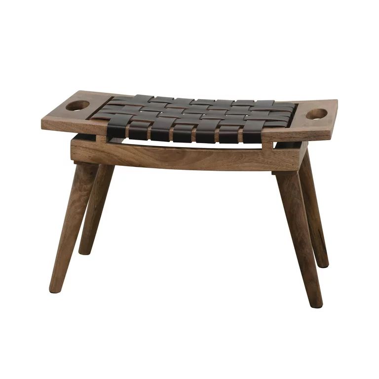 Creative Co-Op Mango Wood & Woven Leather Stool with Handles, Black & Natural, KD | Walmart (US)