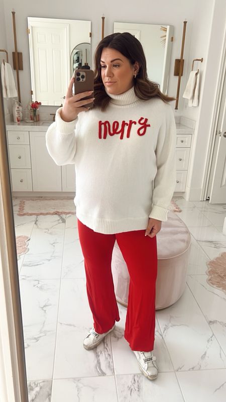 curvy holiday outfit! wearing size xxl in sweater and red ribbed pants! i sized up for my bump, but take your true size. not maternity! 

#LTKCyberWeek #LTKmidsize #LTKHoliday