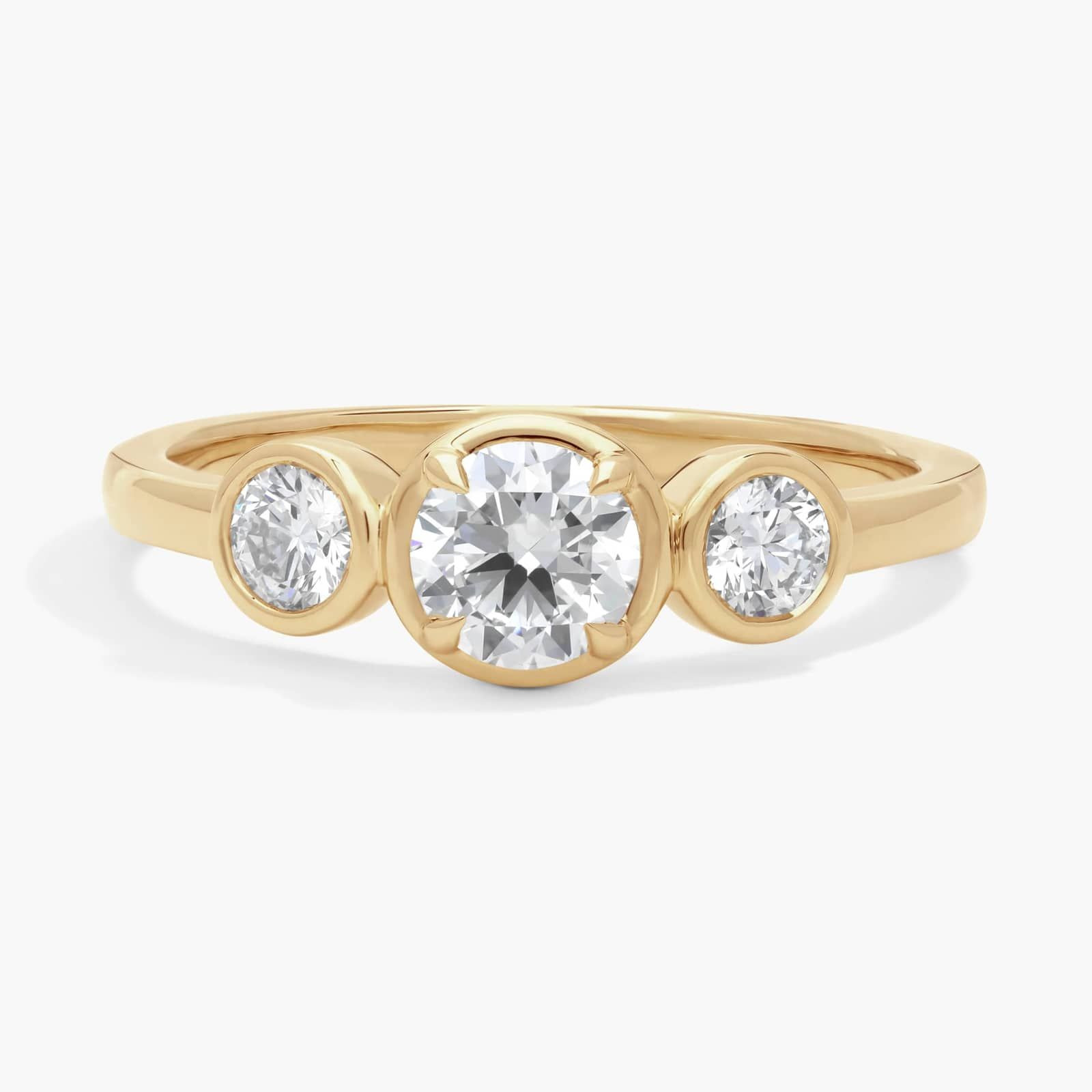 Three-Stone Diamond Ring with 0.75 CTW Round Cut Lab-Grown Diamonds in 14K Yellow Gold Bezel Sett... | Blue Nile