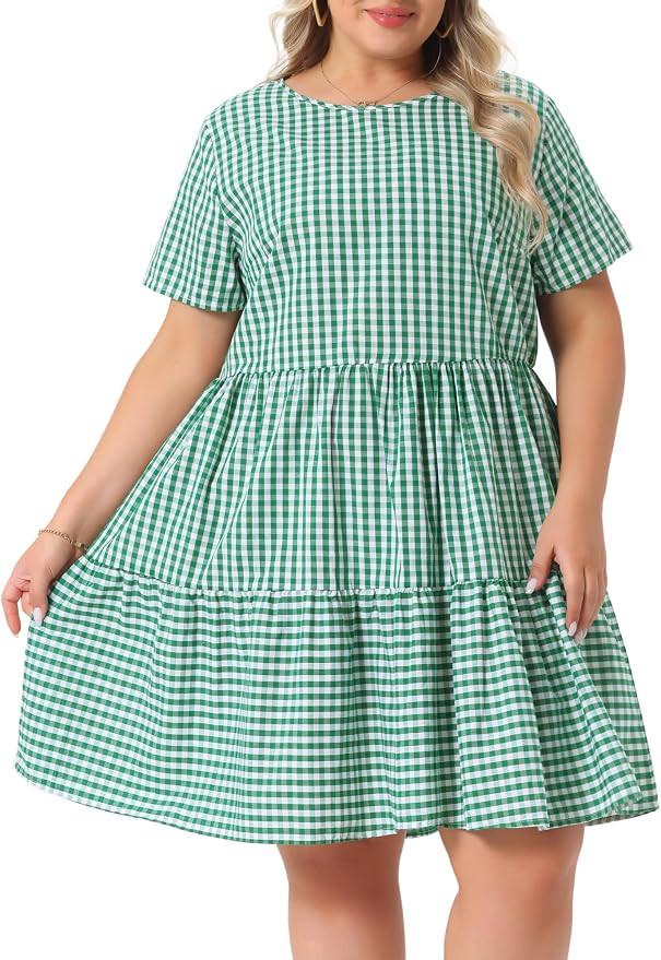 Agnes Orinda Plus Size Gingham Dresses 1950s Vintage Plaid Round Neck Short Sleeve Tiered Midi Su... | Amazon (US)
