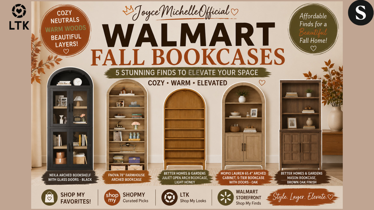 Walmart Fall Bookcases & Cabinets 🍂 | 5 Designer-Looking Finds for a Cozy Home

We’re continuing the Walmart Fall Finds series, and this time we’re focusing on bookcases, display cabinets, and beautiful arched storage pieces that can completely transform a room. 🍂🤎
One of my favorite ways to create that warm, layered fall look is to bring in substantial furniture pieces first and then build around them with books, baskets, pottery, candles, florals, and seasonal accents.
In today’s roundup:
✨ NEILA Arched Bookshelf with Glass Doors – Black A dramatic statement piece with glass doors and an architectural arched silhouette.
✨ Fnova 78" Farmhouse Arched Bookcase Tall, spacious shelving that gives you plenty of room for styling and displaying your favorite pieces.
✨ Better Homes & Gardens Juliet Open Arch Bookcase – Light Honey That warm honey wood tone is PERFECT for transitioning a neutral home into fall.
✨ mopio Lauren 65.4" Arched Cabinet – Oak A beautiful combination of open shelving and concealed storage for a clean, elevated look.
✨ Better Homes & Gardens Mason Bookcase – Brown Oak Finish Rich brown oak brings instant warmth and gives you a gorgeous foundation for fall layering.
The best part? These pieces don't scream “seasonal decor.” You can use them year-round and simply change the accessories as the seasons change.
JoyceMichelleOfficial | Over 50 & Chic


🛍️Walmart Storefront:




🛍️ShopMy:
https://shopmy.us/shop/collections/7320832



🛍️LTK:





#WalmartFallFinds #WalmartHome #WalmartFinds #WalmartFurniture #WalmartHomeDecor #FallHomeDecor #FallDecor2026 #WalmartBookcase #ArchedBookcase #ArchedCabinet #BookcaseStyling #FallDecorating #CozyHome #WarmNeutralDecor #AffordableHomeDecor #BetterHomesAndGardens #LivingRoomDecor #HomeDecorFinds #JoyceMichelleOfficial #Over50AndChic



Walmart fall finds, Walmart home decor, Walmart furniture, Walmart bookcases, Walmart arched bookcase, Walmart cabinets, arched bookshelf, arched cabinet, Better Homes and Gardens bookcase, BH&G Mason bookcase, Juliet arch bookcase, mopio Lauren cabinet, Fnova bookshelf, NEIL 

 #LTKdayinmylife #LTKOver40 #LTKHome