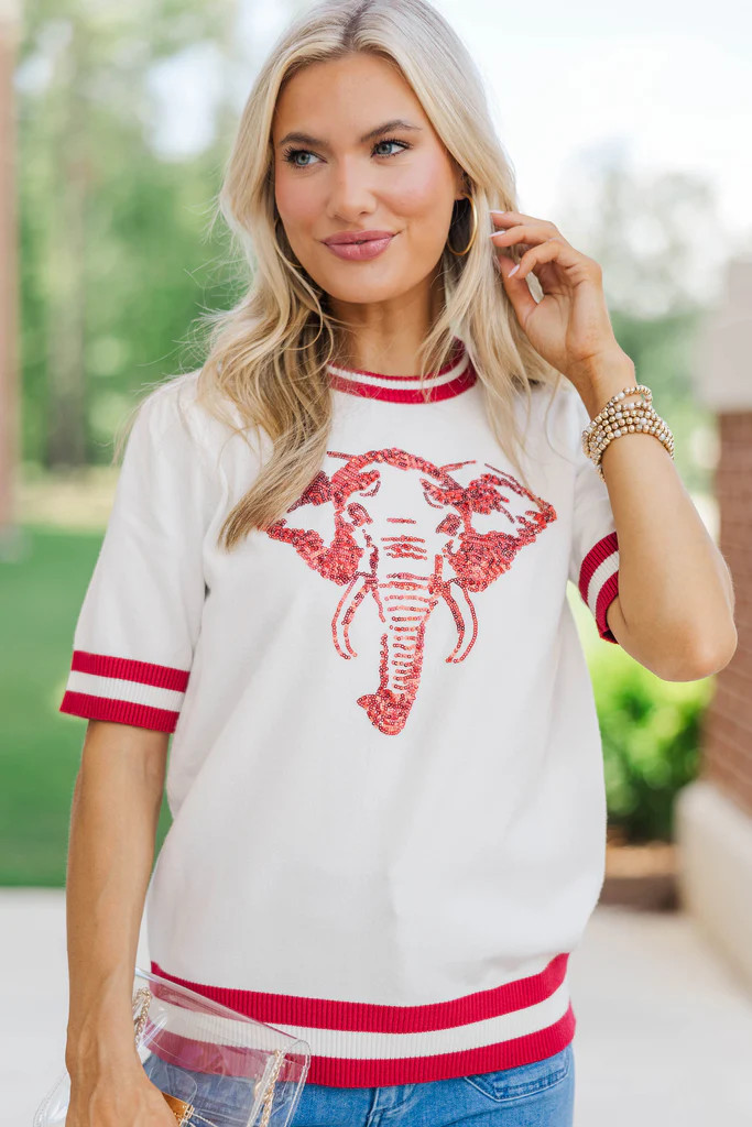 Stay In Character White/Crimson Elephant Sweater | The Mint Julep Boutique