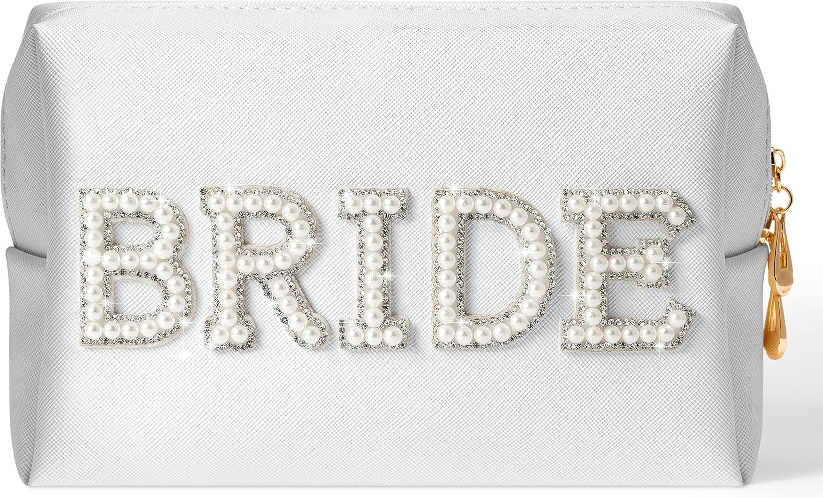 Bride to be Patch Pearl Rhinestone Bag Cosmetic Travel Toiletry Bag Letter Large White Makeup Bag... | Amazon (US)