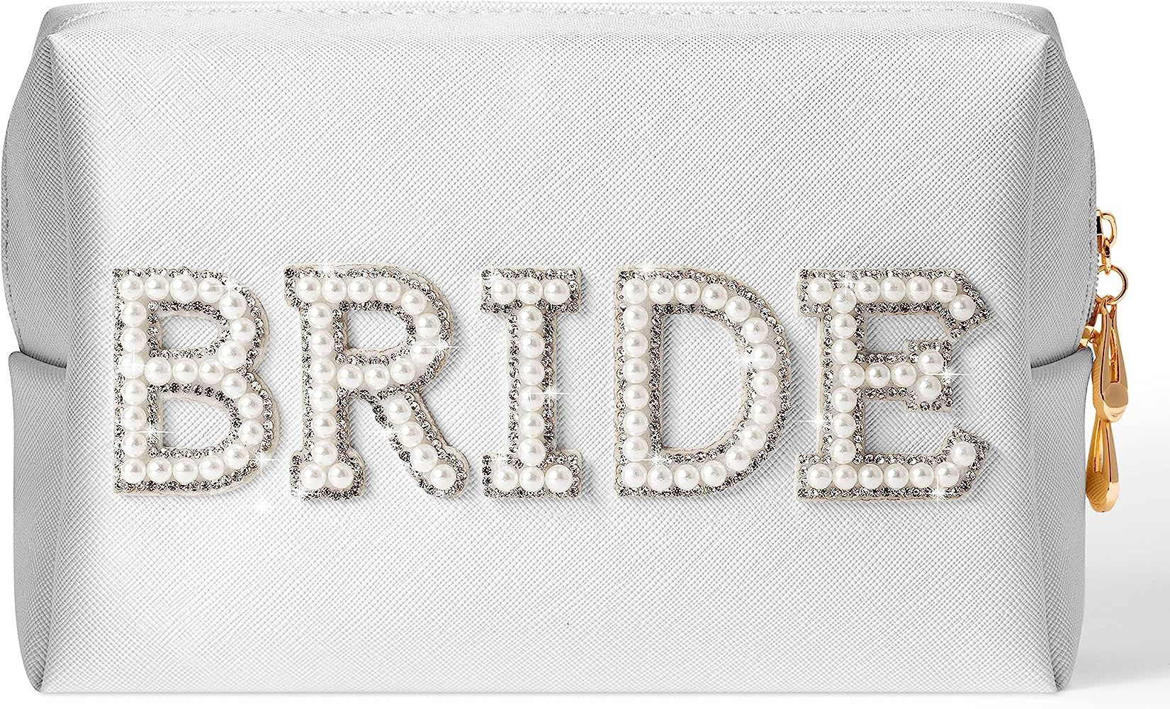 Bride to be Patch Pearl Rhinestone Bag Cosmetic Travel Toiletry Bag Letter Large White Makeup Bag... | Amazon (US)