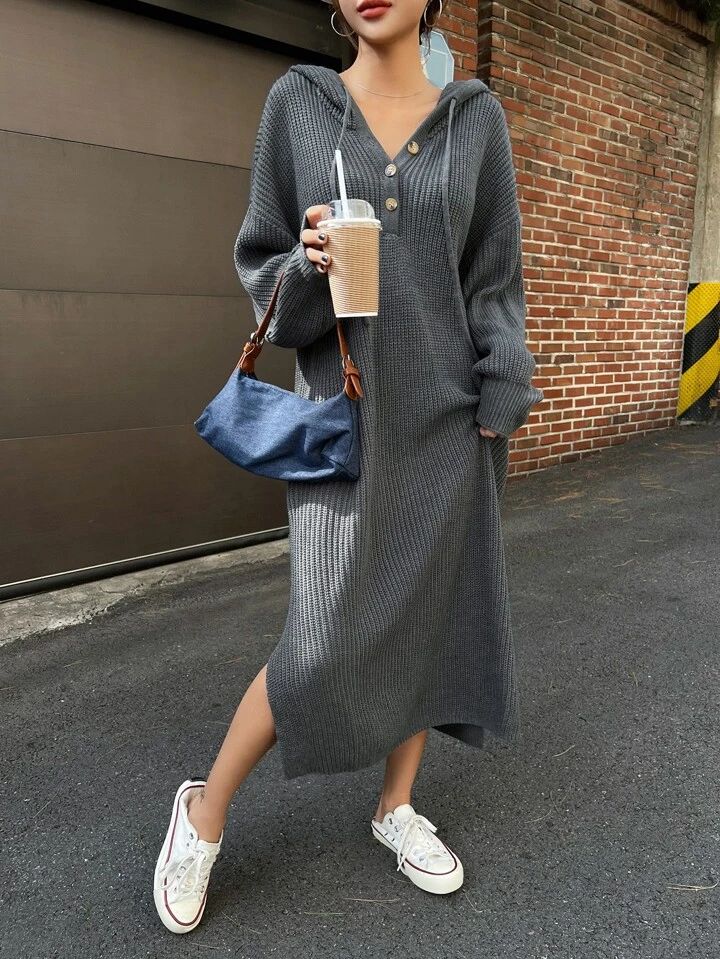 DAZY Drop Shoulder Slit Hem Drawstring Hooded Sweater Dress | SHEIN
