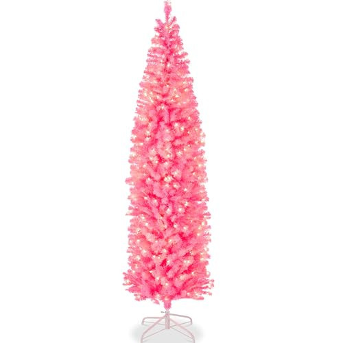 Best Choice Products Pre-Lit Pink Pencil Christmas Tree, 7.5ft Slim Lighted Artificial Décor w/Incandescent White Lights, Skinny Tree, Metal Base | Amazon (US)