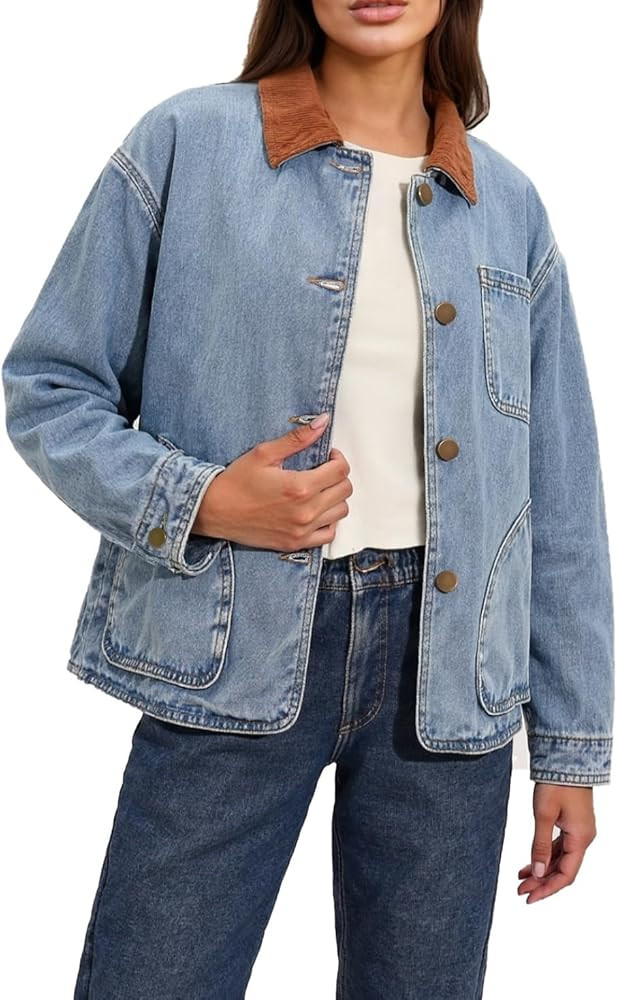 Womens Oversized Jeans Jacket Casual Long Sleeve Corduroy Collar Barn Boyfriend Trendy Denim Jack... | Amazon (US)