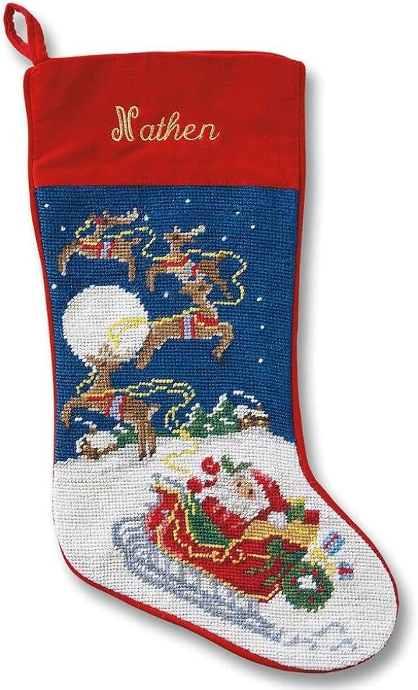 Lillian Vernon Personalized Heirloom Christmas Stocking Needlepoint Sleigh and Reindeer, 100% Woo... | Amazon (US)