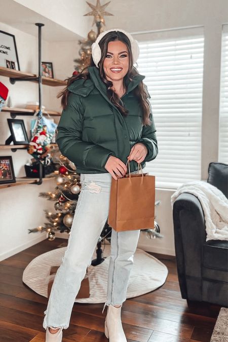 Green winter coat with white earmuffs and light wash jeans ! Also tagging items from my latest video here 

#LTKstyletip #LTKSeasonal #LTKHoliday