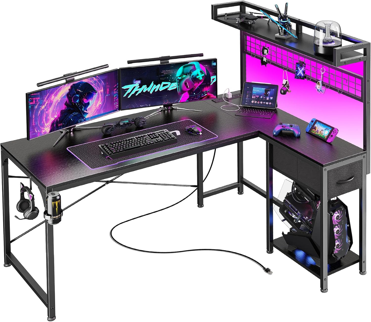 PRAISUN L Shaped Gaming Desk with Shelves, Corner Computer Table with LED Lights, Power Outlets a... | Amazon (US)