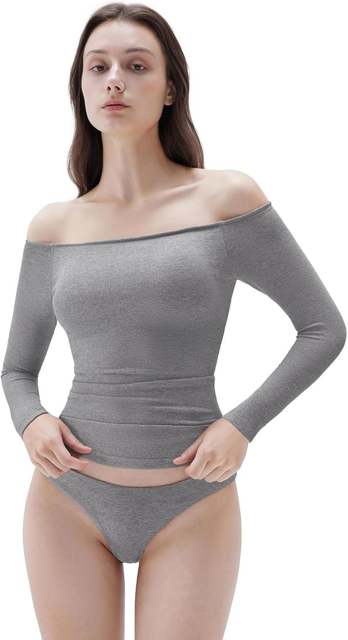 SUUKSESS Women Padded Off The Shoulder Tops Ribbed Long Sleeve Shirts Fall Basic | Amazon (US)