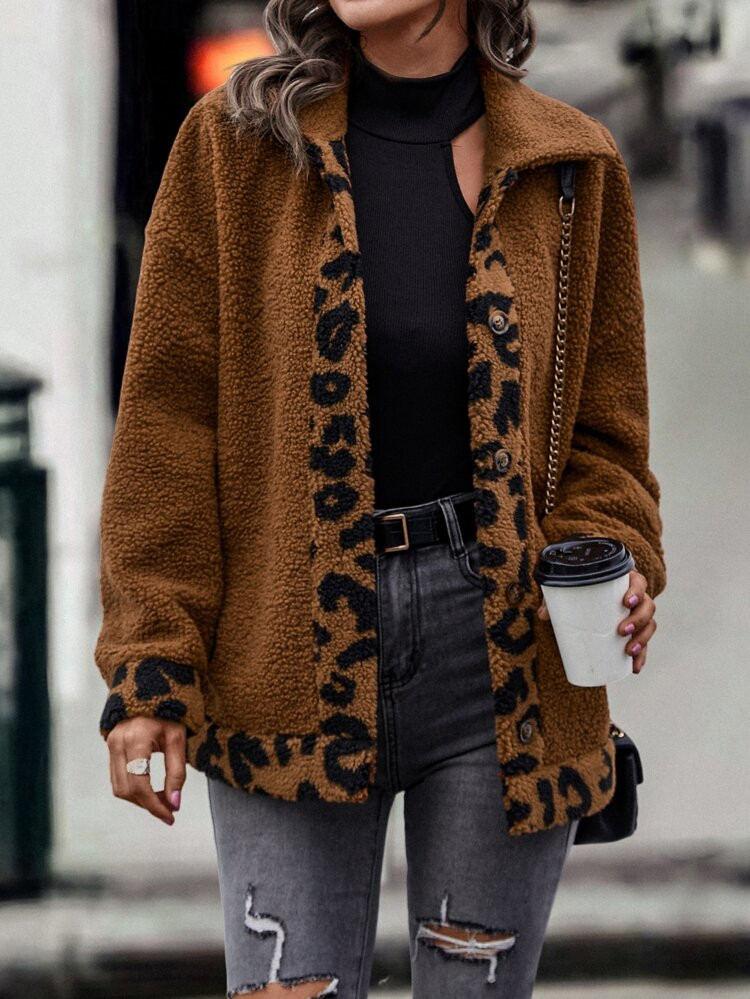 Leopard Pattern Drop Shoulder Teddy Coat | SHEIN