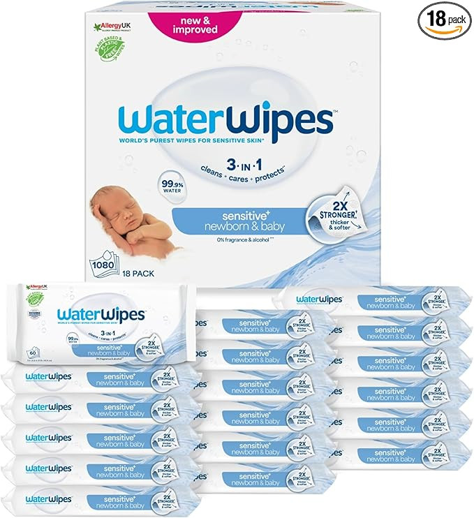 WaterWipes Sensitive+ Newborn & Baby Wipes, 1080 Count (18 Packs), 3-In-1 Cleans, Cares, Protects... | Amazon (UK)