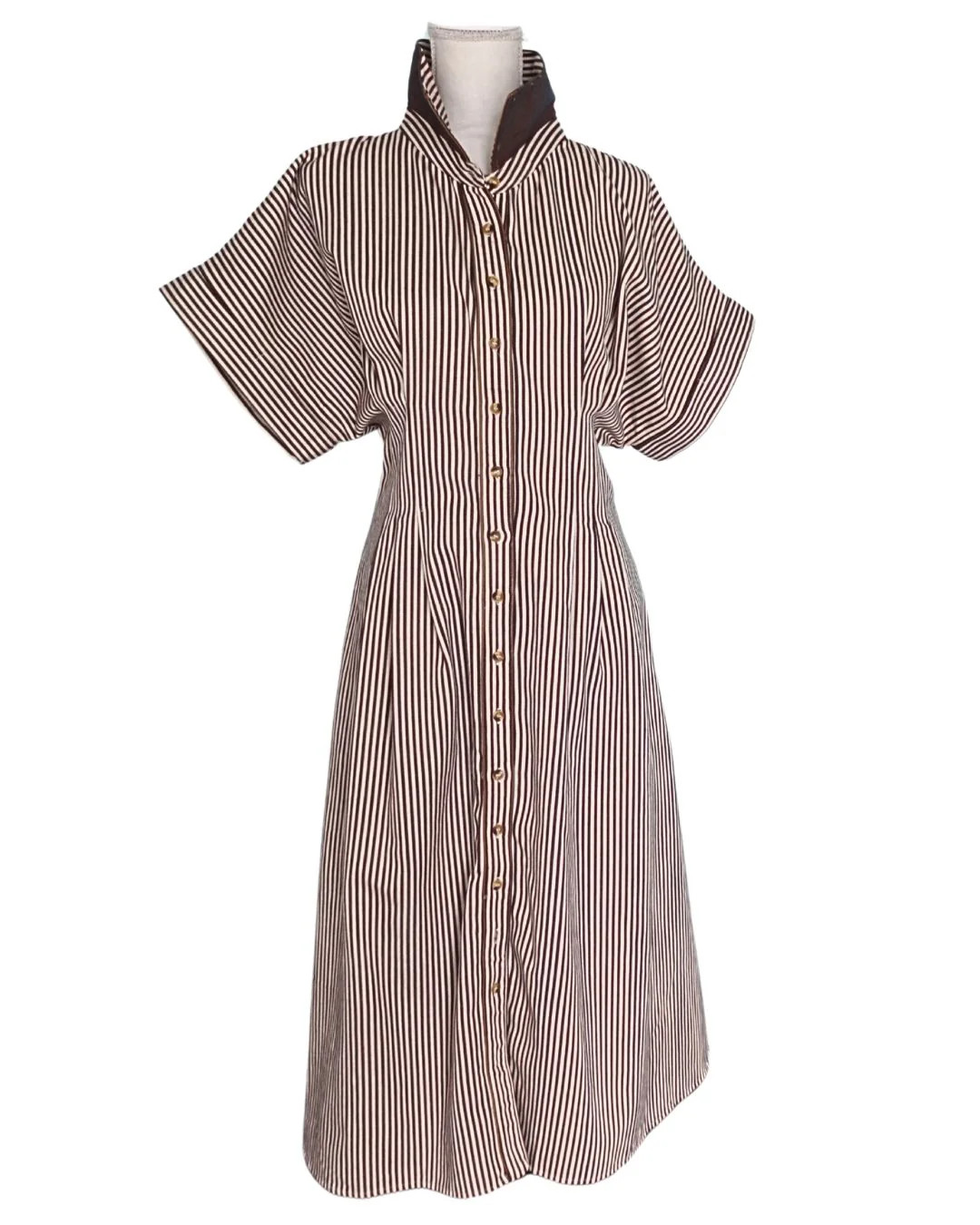 Kim Dress in Brown Stripe – Button-Front Winter Midi with Pockets | Kim Lolley Designs