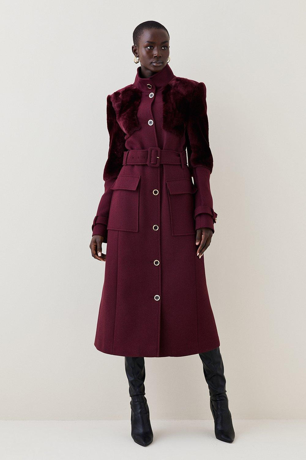 Tall Italian Wool Shearling Mix Panel Longline Coat | Karen Millen UK + IE + DE + NL