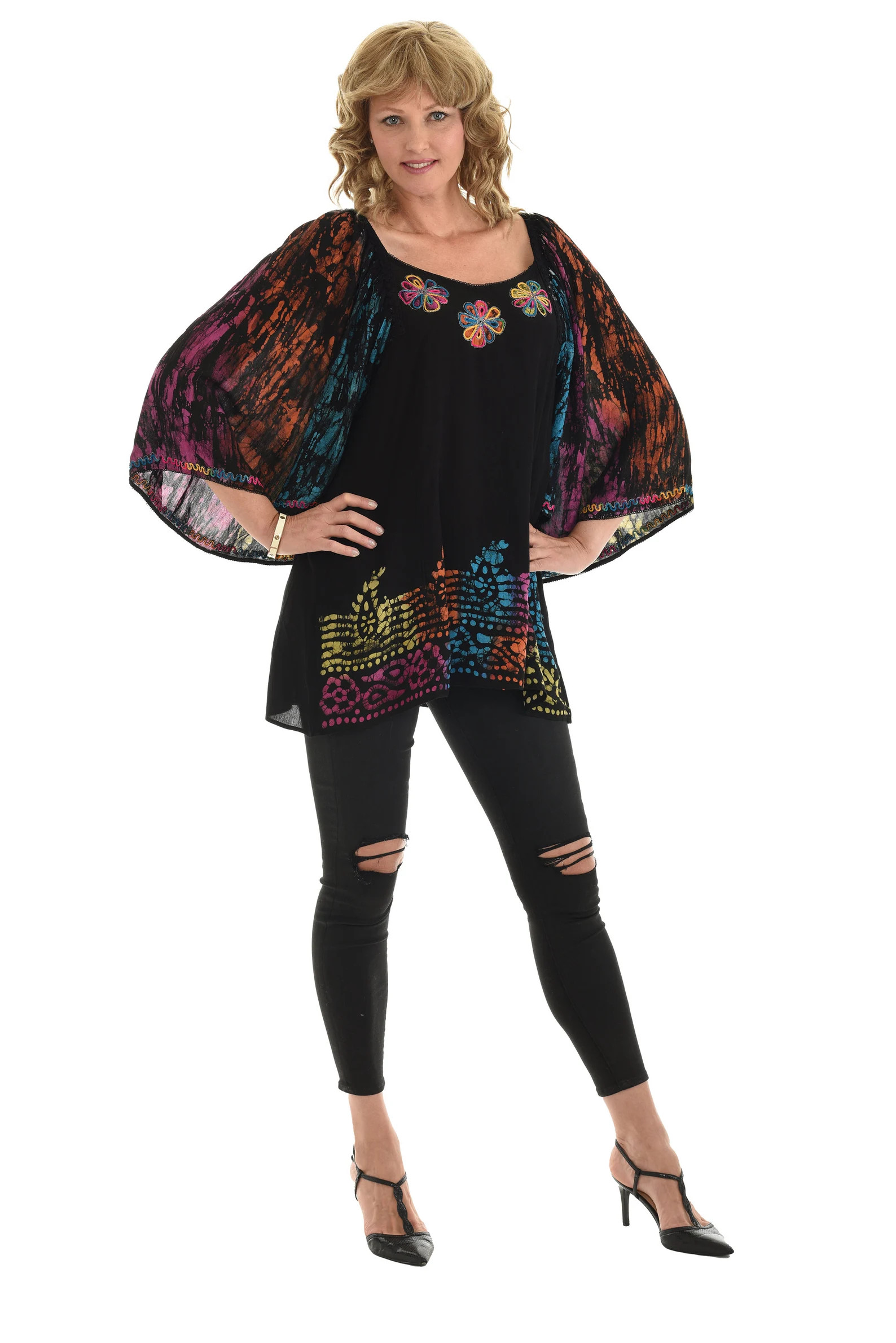 Boho Rayon Tunic Top: Tie-Dye Print, Kimono Sleeves, Embroidery | Etsy (Global)