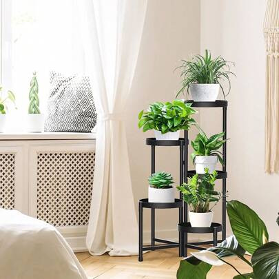 5 Tier Black Metal Plant Stand Indoor, Corner Tiered Plant Stands For Multiple Plants, Outdoor Flower Pot Holder Display Stand For Living Room Balcony | SHEIN