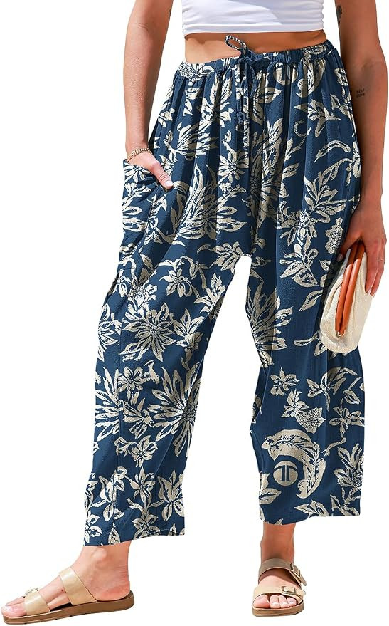 TARSE Womens Linen Wide Leg Pants Casual Loose Drawstring Summer 2026 Beach Travel Vacation Palaz... | Amazon (US)