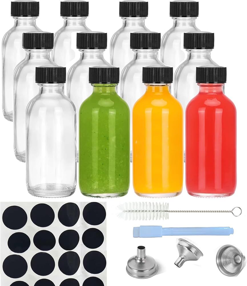 Bigingjia 12-Pack 60ml Shot Bottles with Lids,Clear Glass Bottles with Funnels,Labels,Brush,and P... | Amazon (UK)
